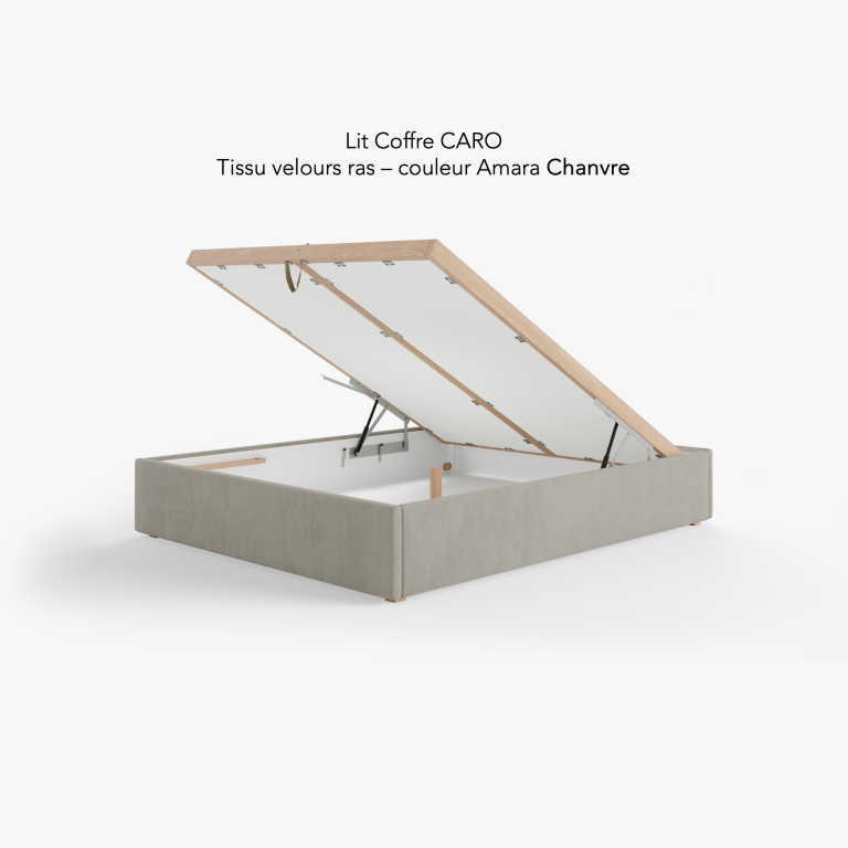 Lit coffre CARO - Tissu Velours ras - Couleur Amara Chanvre