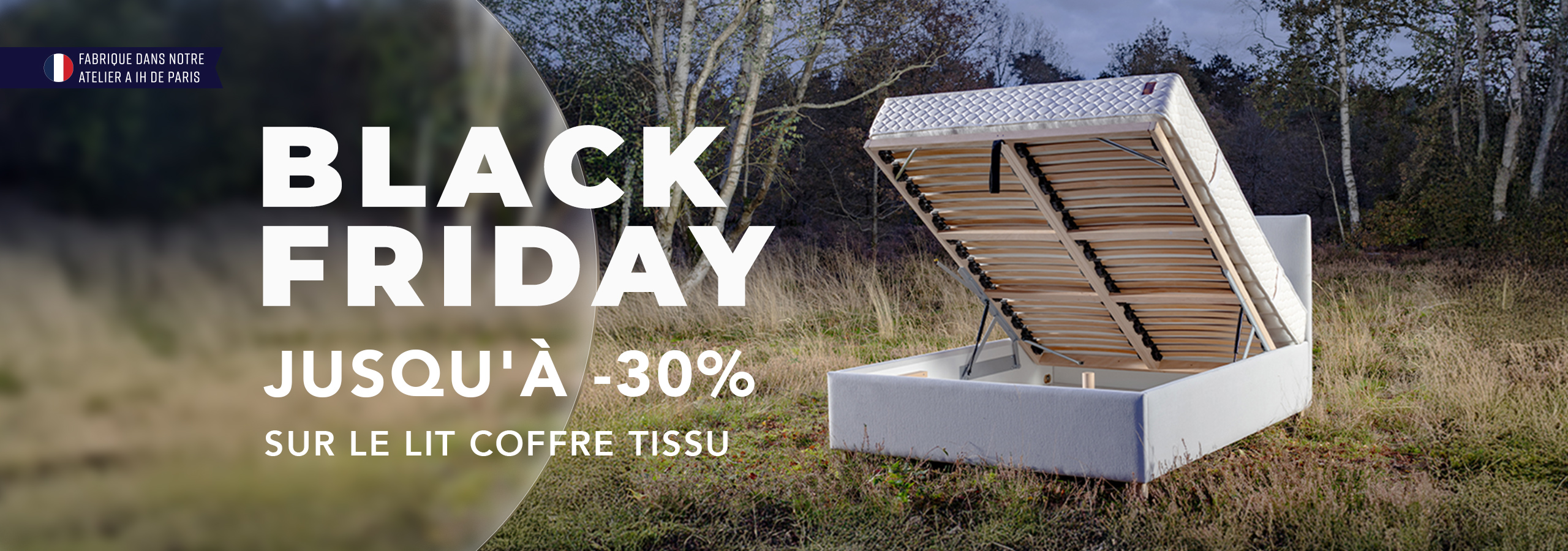 Black Friday Nation Literie 2025 - Lit coffre en tissu
