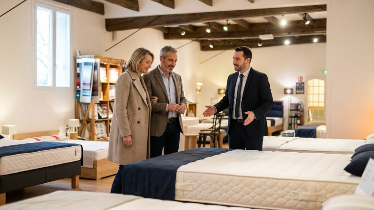 Conseiller en literie accompagnant un client dans un showroom spécialisé - magasin de literie Paris
